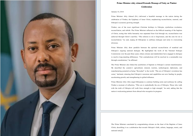Prime Minister Abiy Ahmed Extends Message of Unity on Timket Celebration